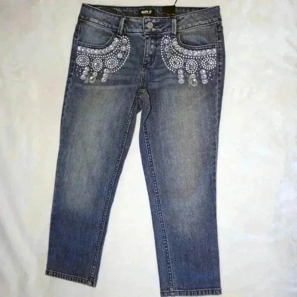 Allen B. Embellished Rhinestone Bling Jeans / Medium Wash Size 14 Capri - Picture 1 of 6